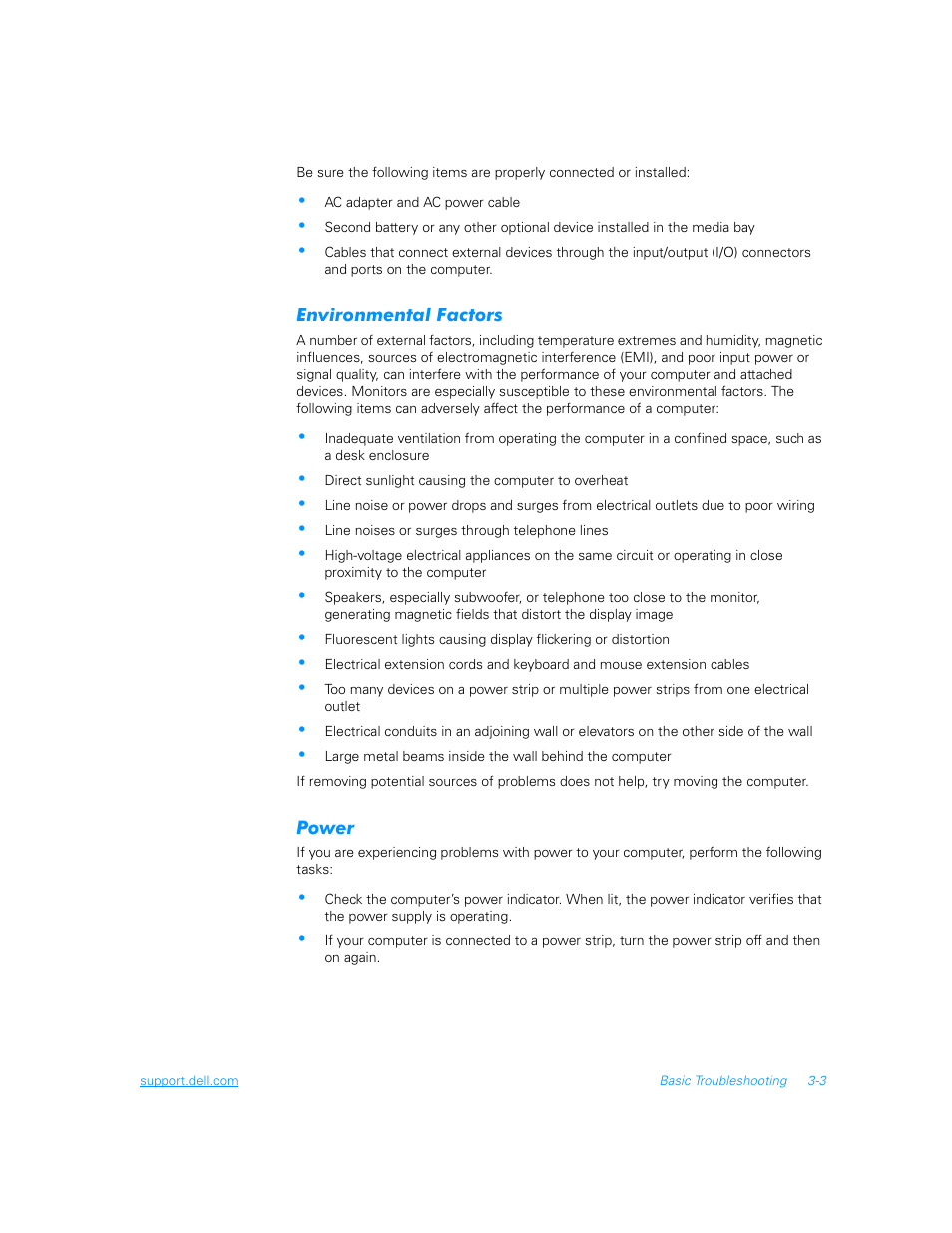 Environmental factors, Power, Environmental factors -3 | Power -3 | Dell Inspiron 3700 User Manual | Page 47 / 178