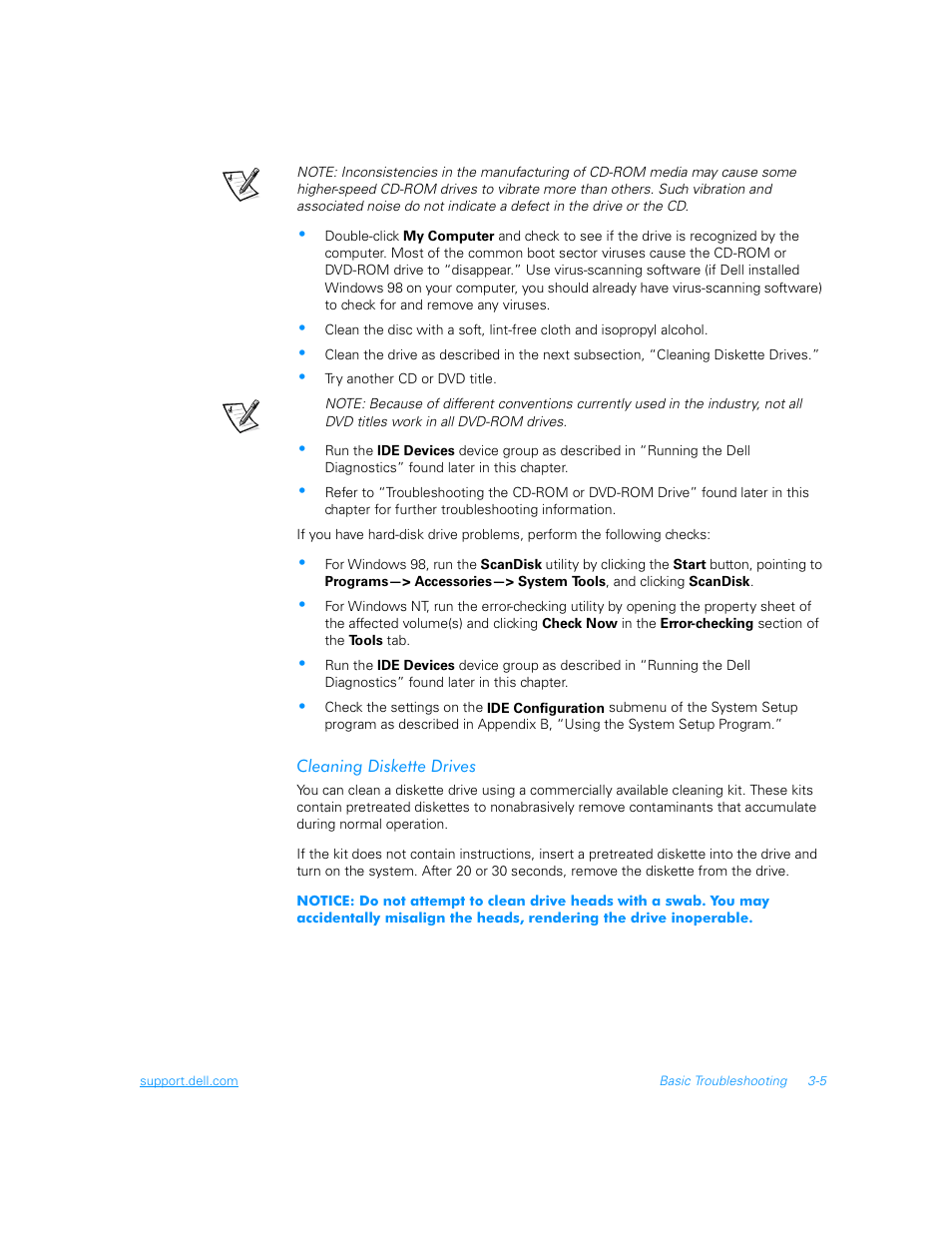 Cleaning diskette drives, Cleaning diskette drives -5 | Dell Inspiron 3700 User Manual | Page 49 / 178