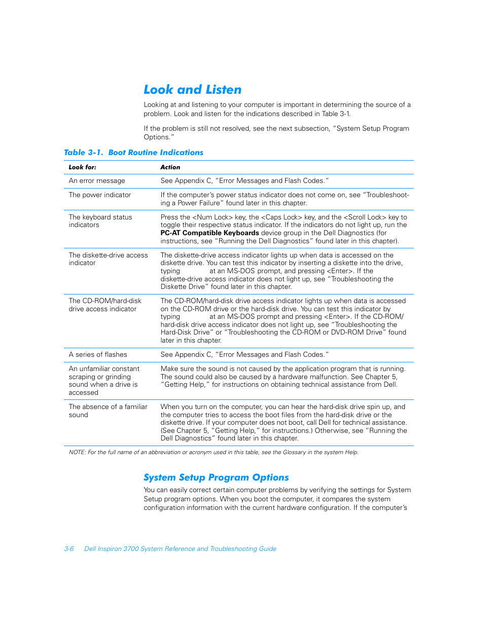 Look and listen, System setup program options, Look and listen -6 | System setup program options -6 | Dell Inspiron 3700 User Manual | Page 50 / 178