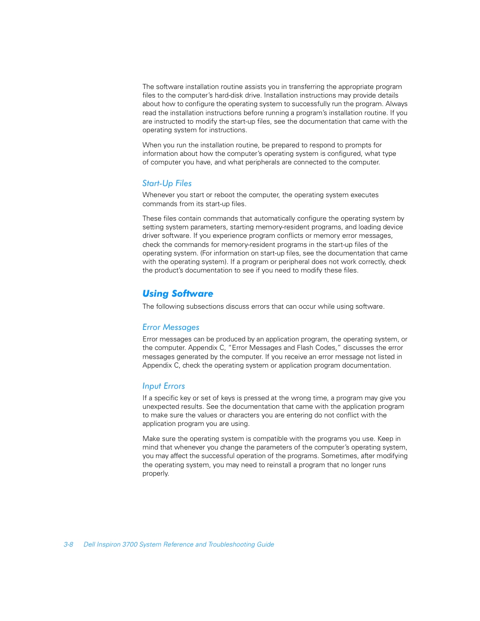 Start-up files, Using software, Error messages | Input errors, Start-up files -8, Using software -8, Error messages -8, Input errors -8 | Dell Inspiron 3700 User Manual | Page 52 / 178