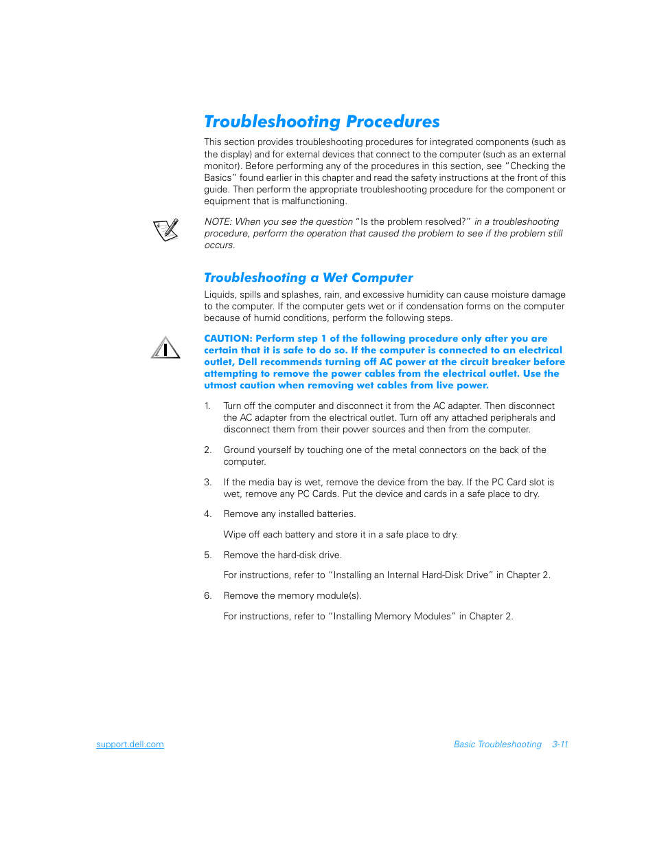 Troubleshooting procedures, Troubleshooting a wet computer, Troubleshooting procedures -11 | Troubleshooting a wet computer -11 | Dell Inspiron 3700 User Manual | Page 55 / 178