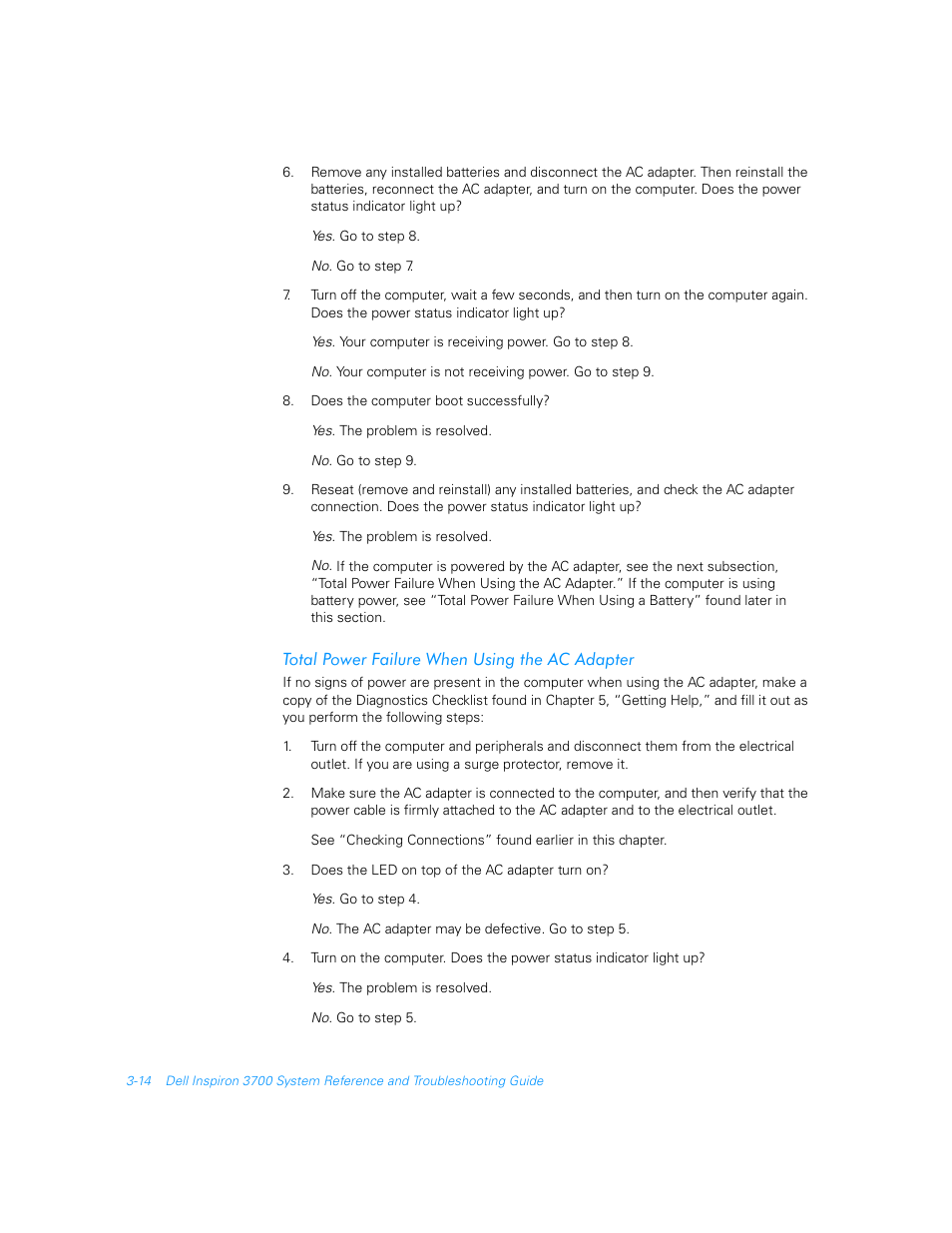 Total power failure when using the ac adapter, Total power failure when using the ac adapter -14 | Dell Inspiron 3700 User Manual | Page 58 / 178