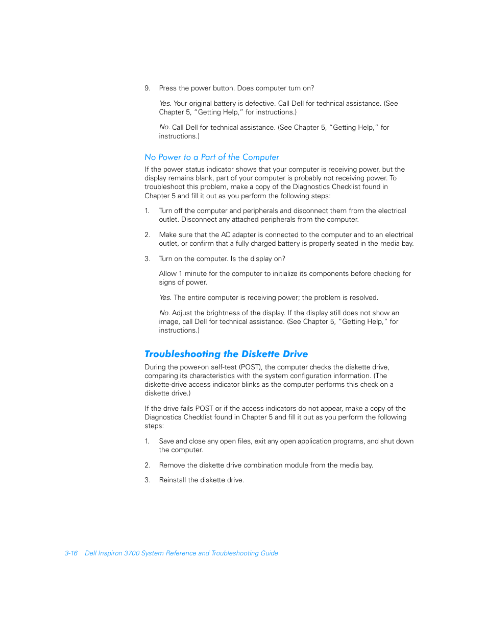 No power to a part of the computer, Troubleshooting the diskette drive, No power to a part of the computer -16 | Troubleshooting the diskette drive -16 | Dell Inspiron 3700 User Manual | Page 60 / 178