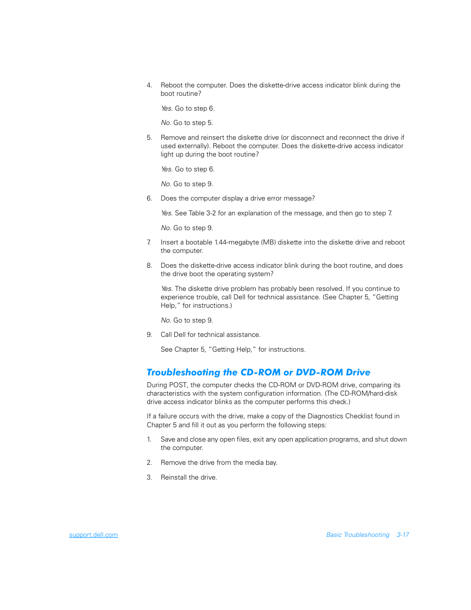 Troubleshooting the cd-rom or dvd-rom drive, Troubleshooting the cd-rom or dvd-rom drive -17 | Dell Inspiron 3700 User Manual | Page 61 / 178