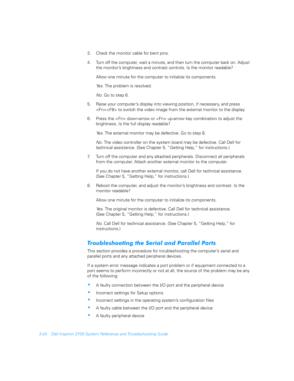 Troubleshooting the serial and parallel ports, Troubleshooting the serial and parallel ports -24 | Dell Inspiron 3700 User Manual | Page 68 / 178