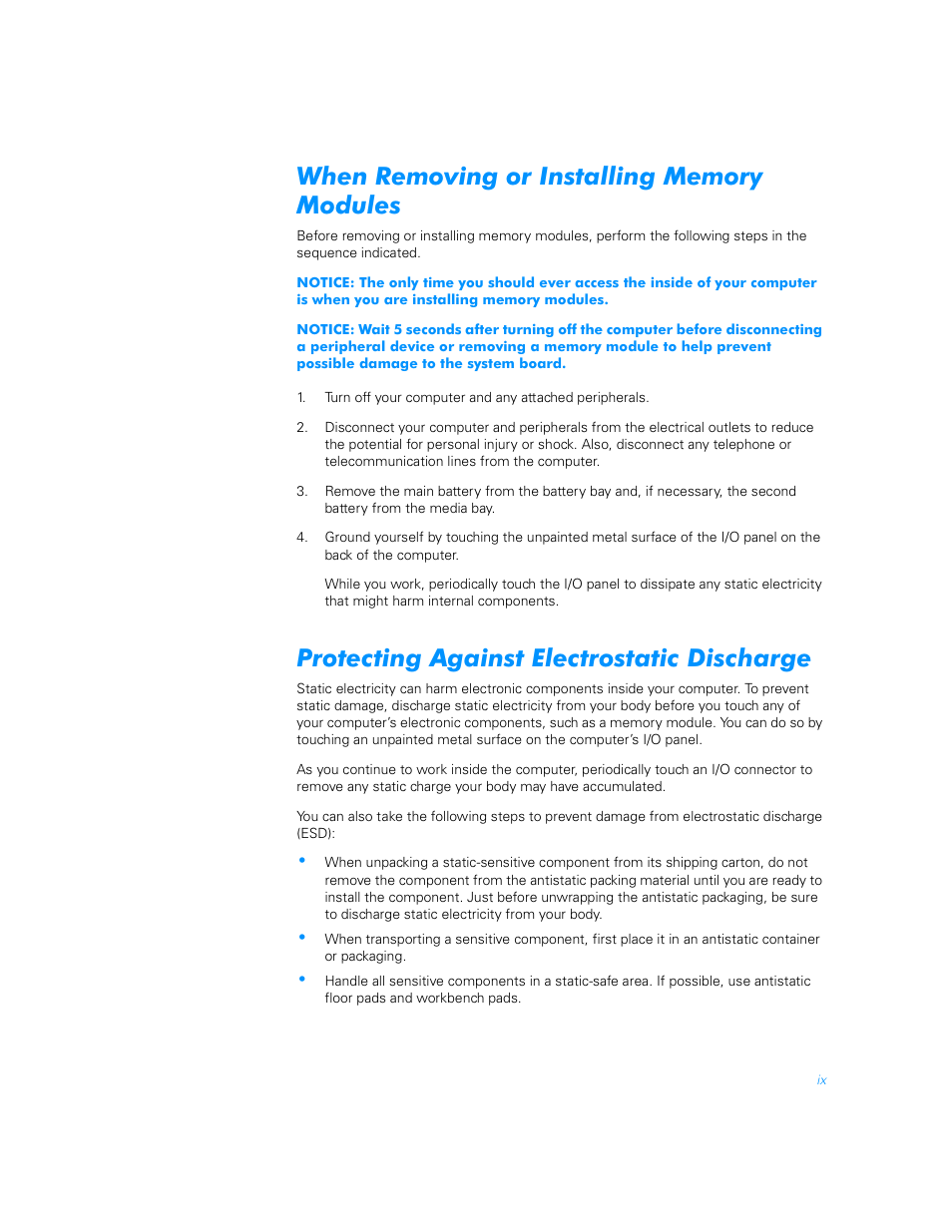 When removing or installing memory modules, Protecting against electrostatic discharge | Dell Inspiron 3700 User Manual | Page 7 / 178