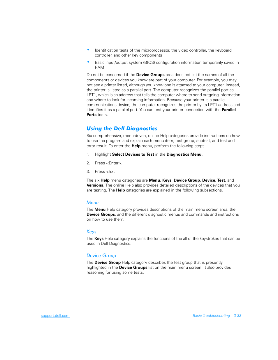 Using the dell diagnostics, Menu, Keys | Device group, Menu -33, Keys -33, Device group -33 | Dell Inspiron 3700 User Manual | Page 77 / 178