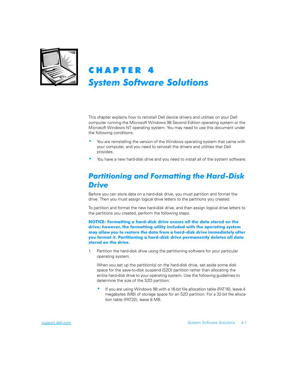 System software solutions, Partitioning and formatting the hard-disk drive, Partitioning and formatting the hard-disk drive -1 | Dell Inspiron 3700 User Manual | Page 79 / 178