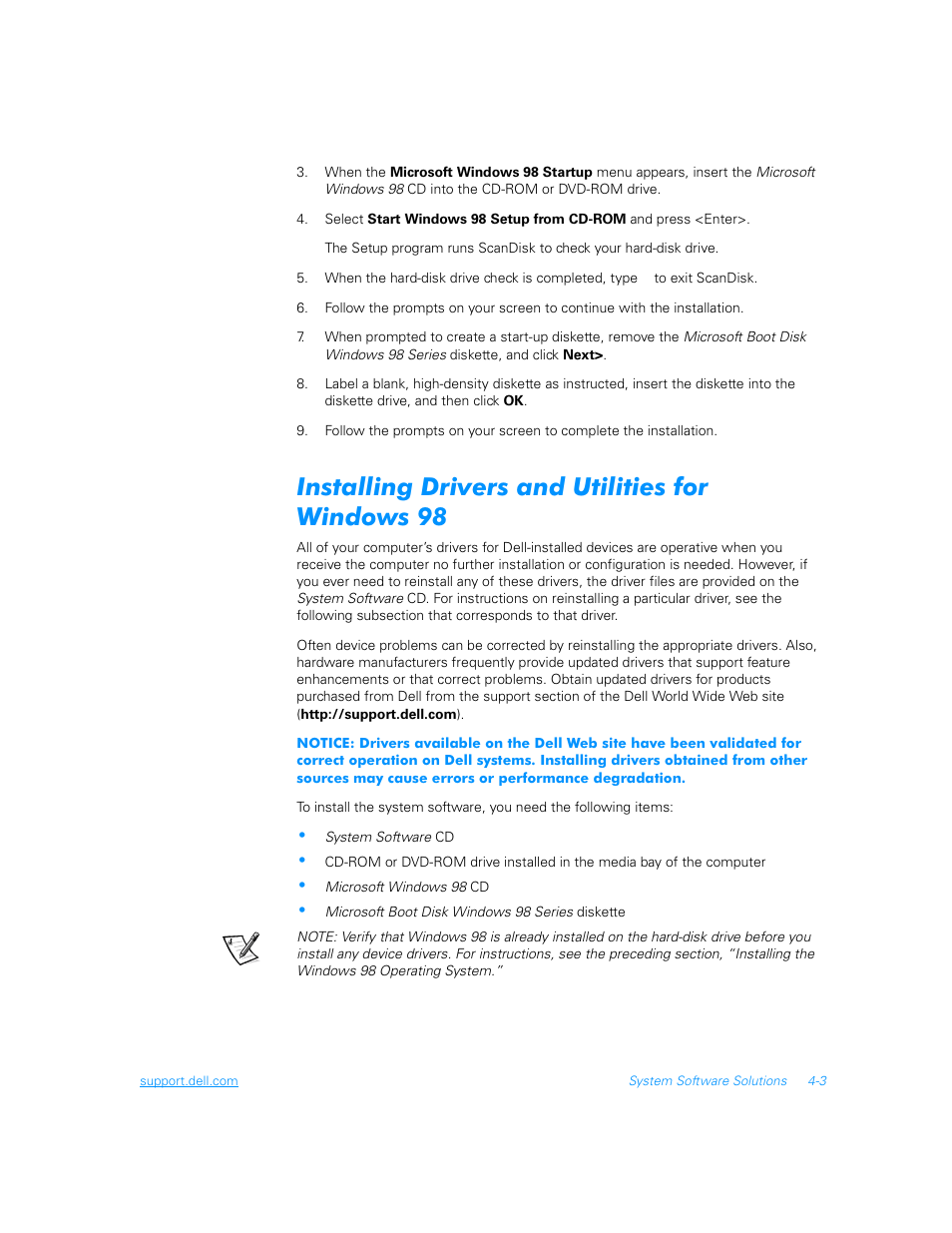 Installing drivers and utilities for windows 98, Installing drivers and utilities for windows 98 -3 | Dell Inspiron 3700 User Manual | Page 81 / 178
