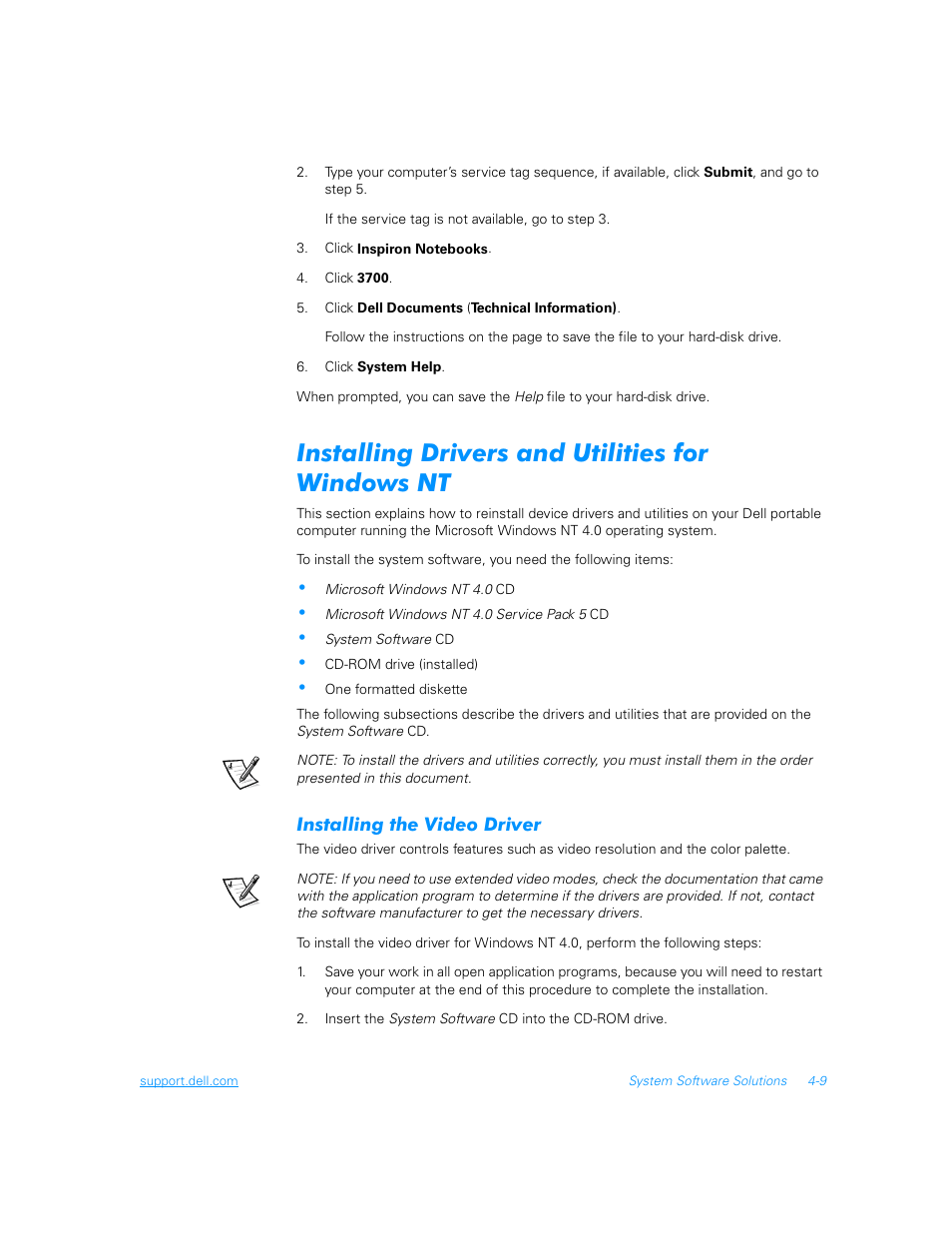 Installing drivers and utilities for windows nt, Installing the video driver, Installing drivers and utilities for windows nt -9 | Installing the video driver -9 | Dell Inspiron 3700 User Manual | Page 87 / 178