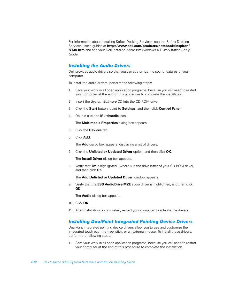 Installing the audio drivers, Installing the audio drivers -12 | Dell Inspiron 3700 User Manual | Page 90 / 178