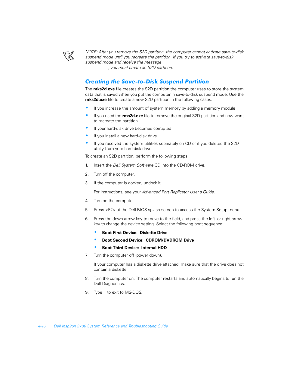 Creating the save-to-disk suspend partition, Creating the save-to-disk suspend partition -16 | Dell Inspiron 3700 User Manual | Page 94 / 178