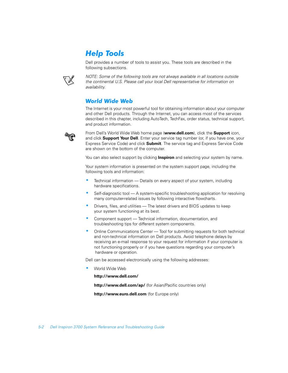 Help tools, World wide web, Help tools -2 | World wide web -2 | Dell Inspiron 3700 User Manual | Page 98 / 178