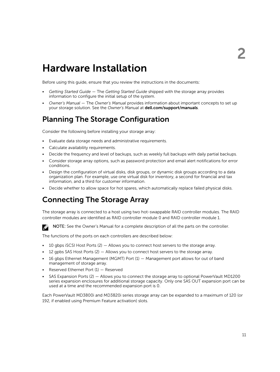 Hardware installation, Planning the storage configuration, Connecting the storage array | 2 hardware installation | Dell PowerVault MD3800i User Manual | Page 11 / 59