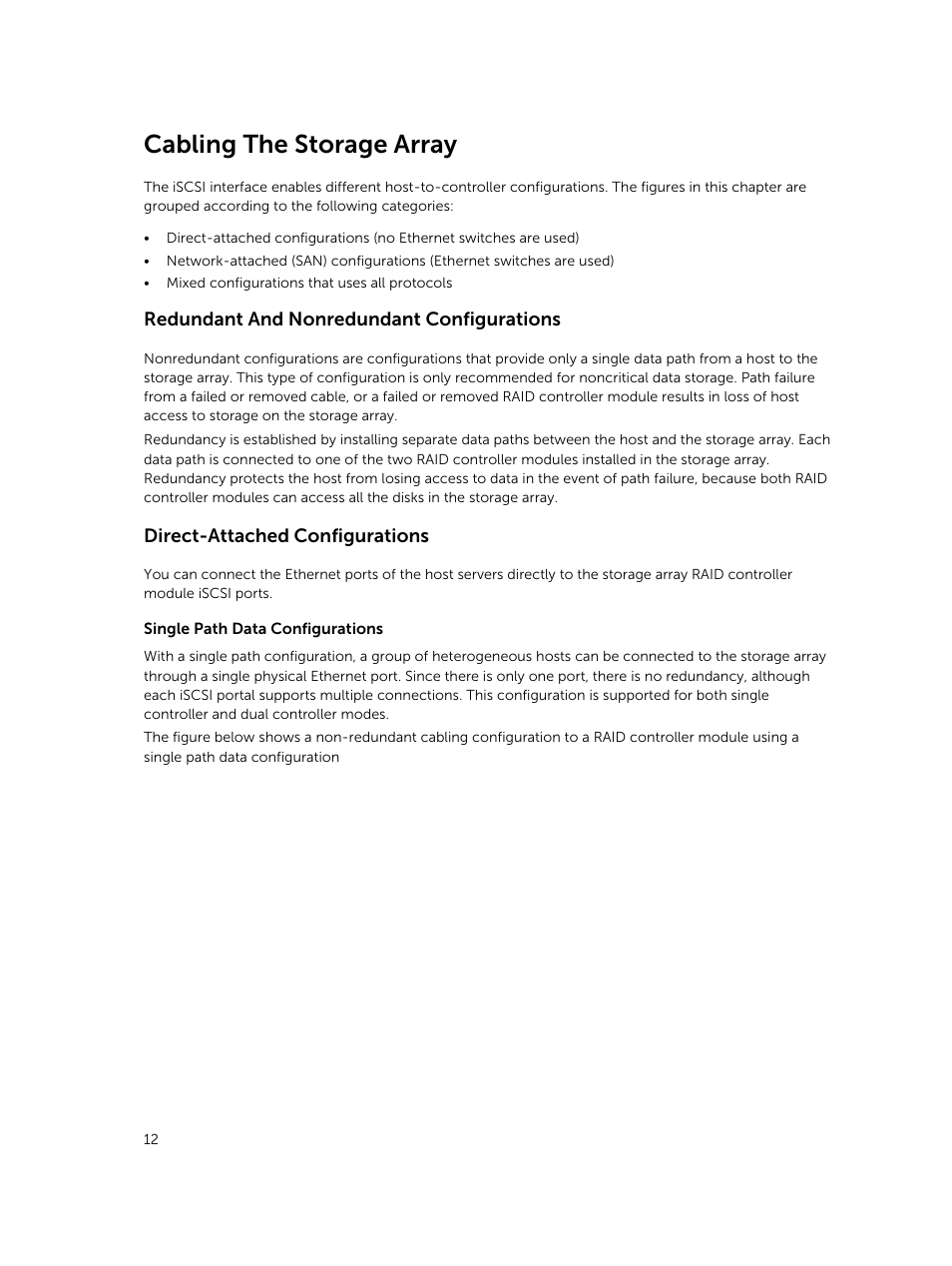 Cabling the storage array, Redundant and nonredundant configurations, Direct-attached configurations | Dell PowerVault MD3800i User Manual | Page 12 / 59