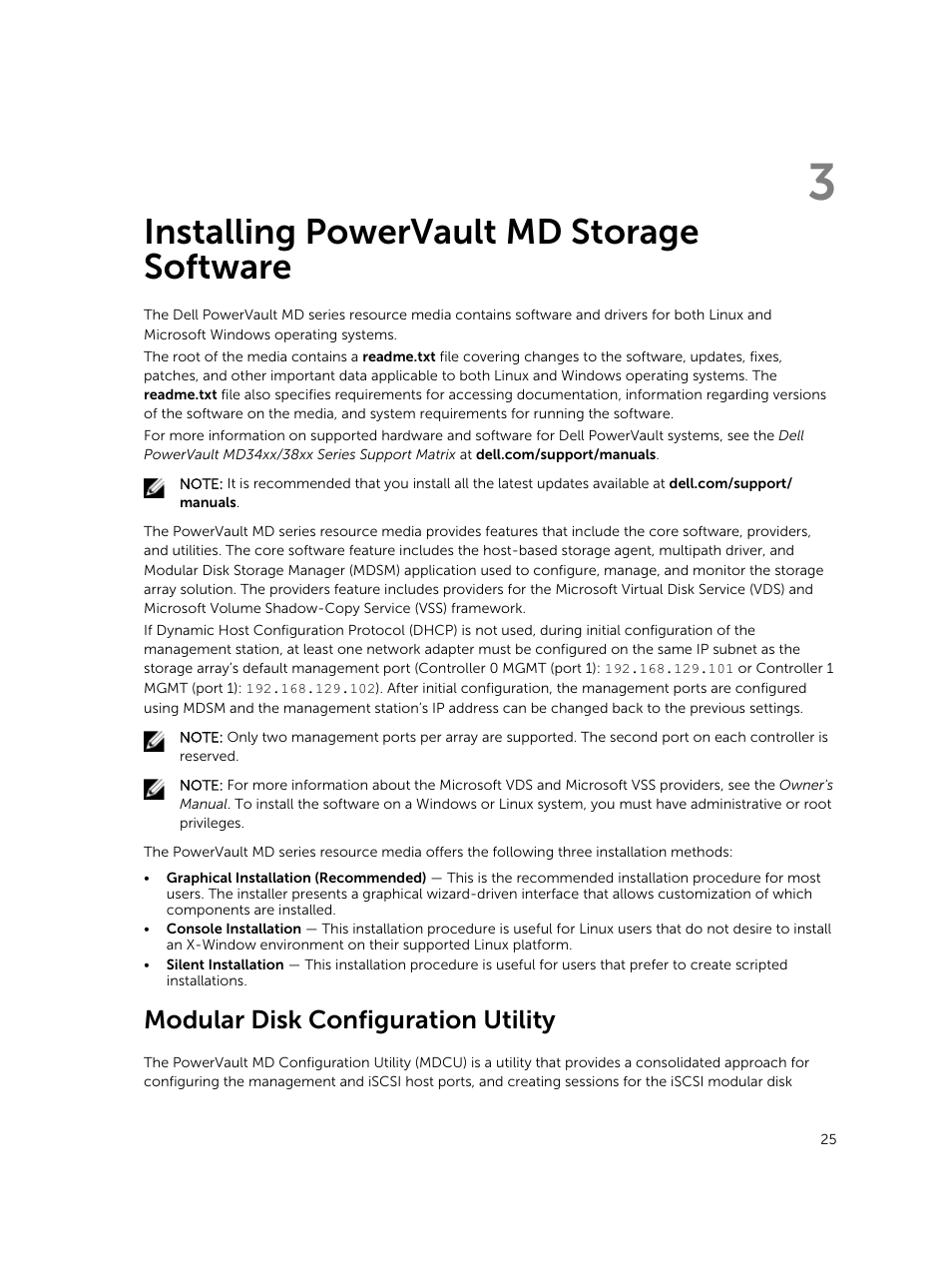 Installing powervault md storage software, Modular disk configuration utility, 3 installing powervault md storage software | Dell PowerVault MD3800i User Manual | Page 25 / 59