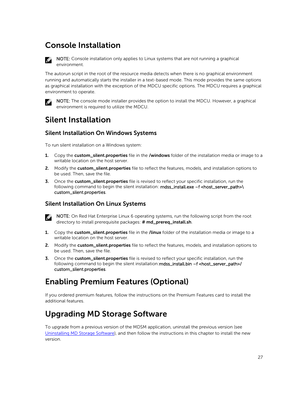 Console installation, Silent installation, Silent installation on windows systems | Silent installation on linux systems, Enabling premium features (optional), Upgrading md storage software | Dell PowerVault MD3800i User Manual | Page 27 / 59
