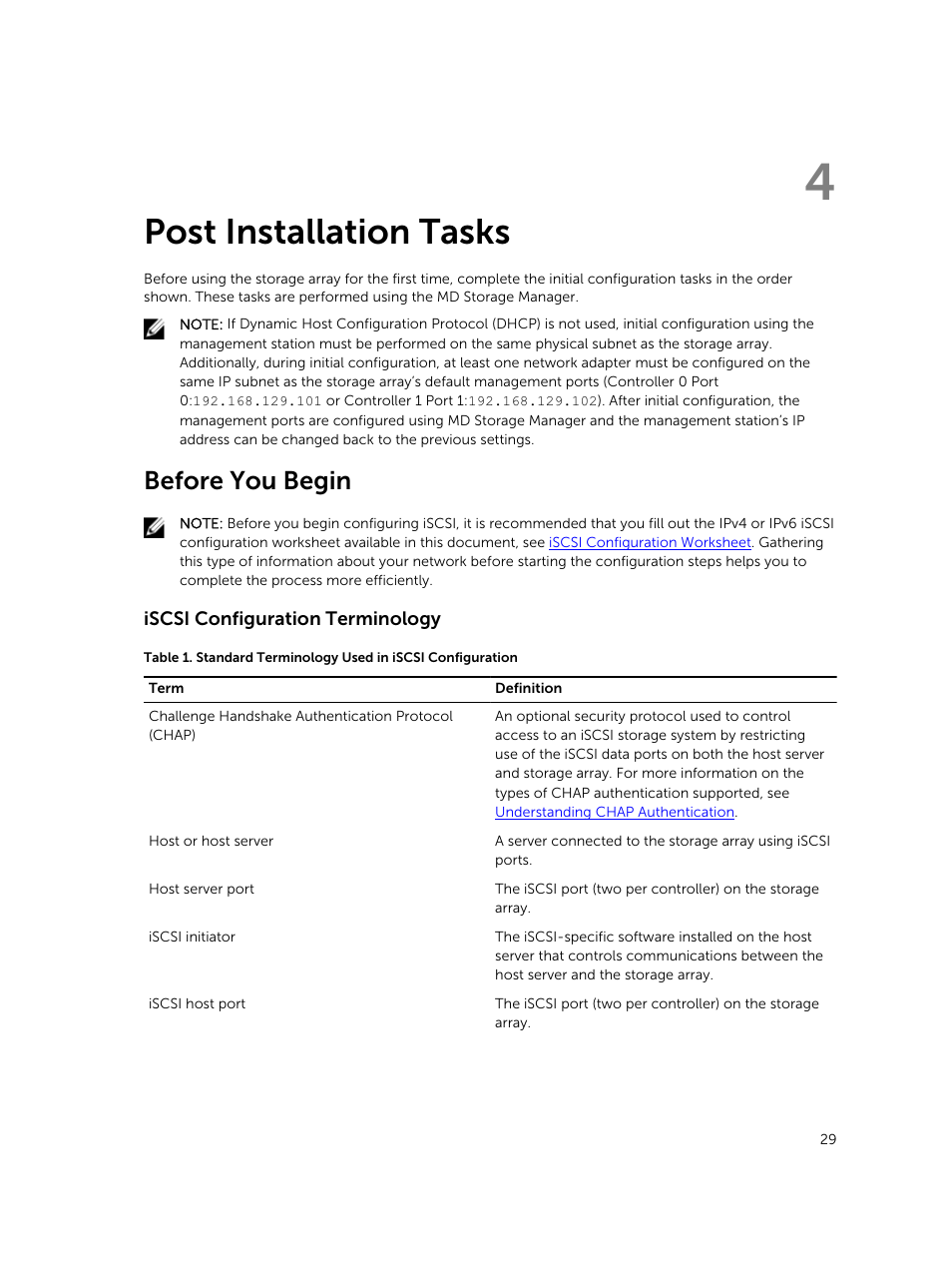 Post installation tasks, Before you begin, Iscsi configuration terminology | 4 post installation tasks | Dell PowerVault MD3800i User Manual | Page 29 / 59