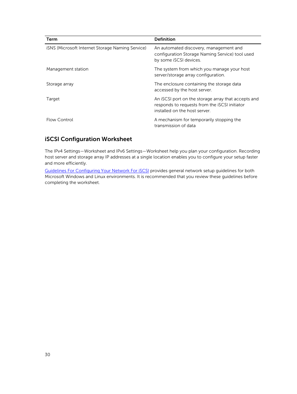 Iscsi configuration worksheet | Dell PowerVault MD3800i User Manual | Page 30 / 59