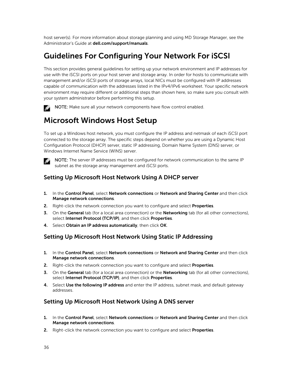 Guidelines for configuring your network for iscsi, Microsoft windows host setup | Dell PowerVault MD3800i User Manual | Page 36 / 59