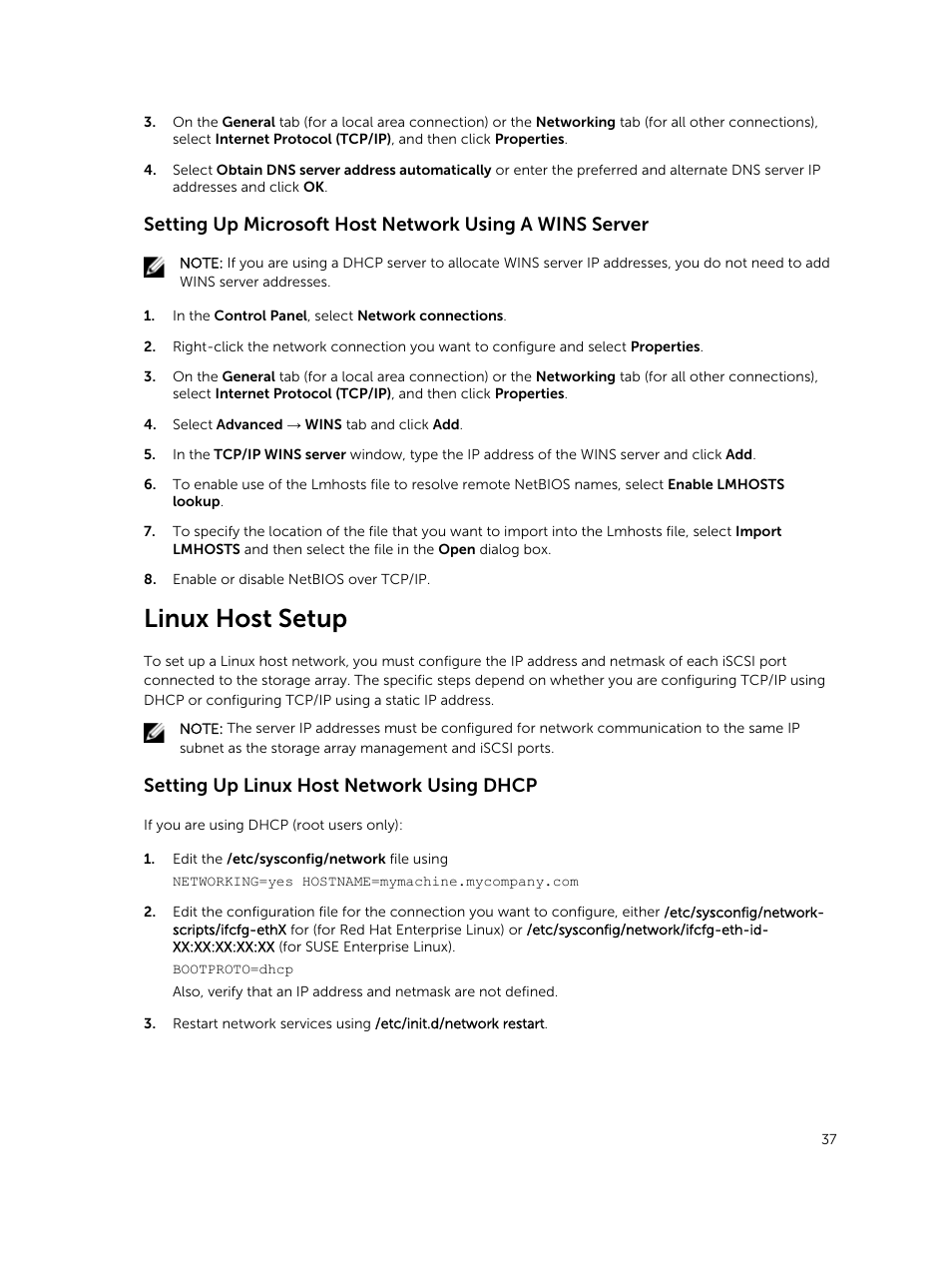 Linux host setup, Setting up linux host network using dhcp | Dell PowerVault MD3800i User Manual | Page 37 / 59