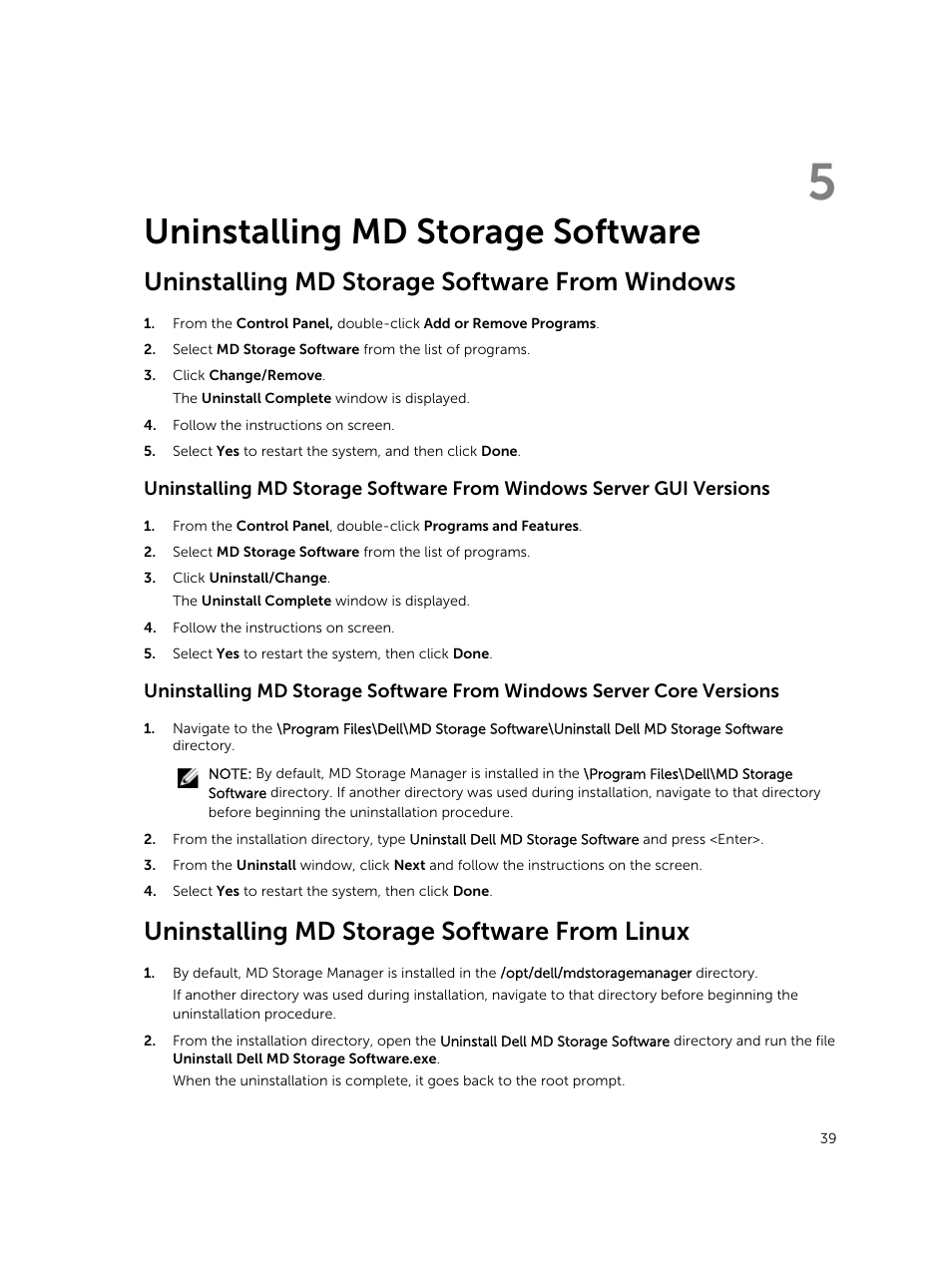 Uninstalling md storage software, Uninstalling md storage software from windows, Uninstalling md storage software from linux | 5 uninstalling md storage software | Dell PowerVault MD3800i User Manual | Page 39 / 59