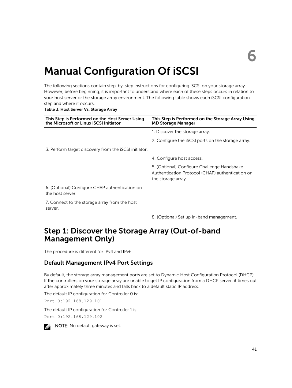 Manual configuration of iscsi, Default management ipv4 port settings, 6 manual configuration of iscsi | Dell PowerVault MD3800i User Manual | Page 41 / 59