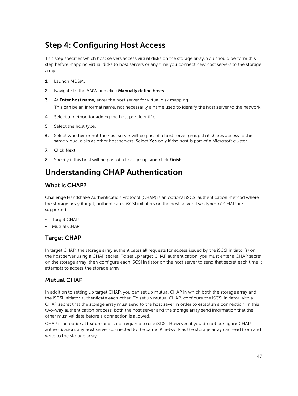 Step 4: configuring host access, Understanding chap authentication, What is chap | Target chap, Mutual chap | Dell PowerVault MD3800i User Manual | Page 47 / 59