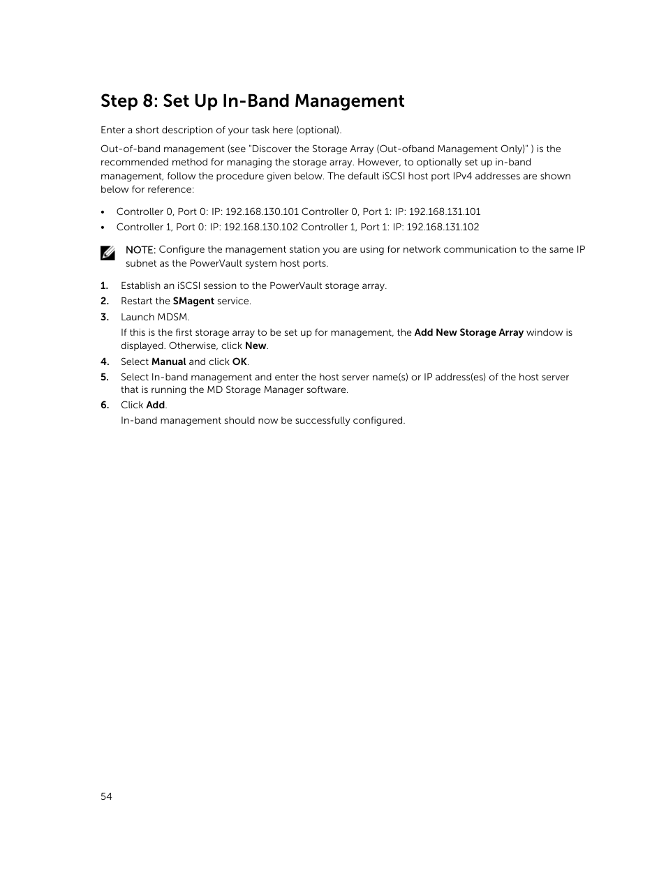 Step 8: set up in-band management | Dell PowerVault MD3800i User Manual | Page 54 / 59