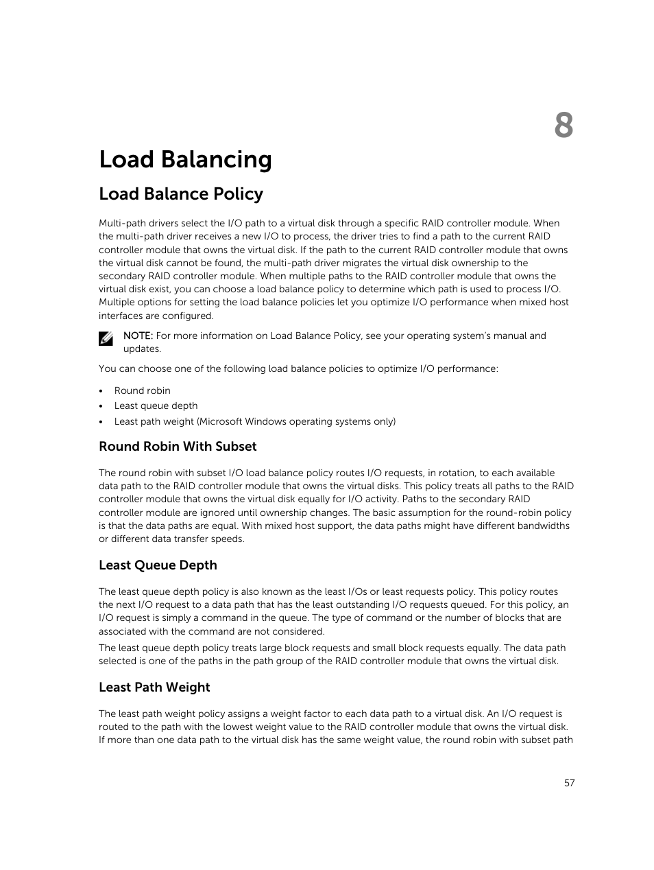 Load balancing, Load balance policy, Round robin with subset | Least queue depth, Least path weight, 8 load balancing | Dell PowerVault MD3800i User Manual | Page 57 / 59