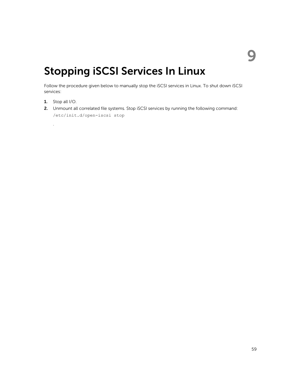 Stopping iscsi services in linux, 9 stopping iscsi services in linux | Dell PowerVault MD3800i User Manual | Page 59 / 59