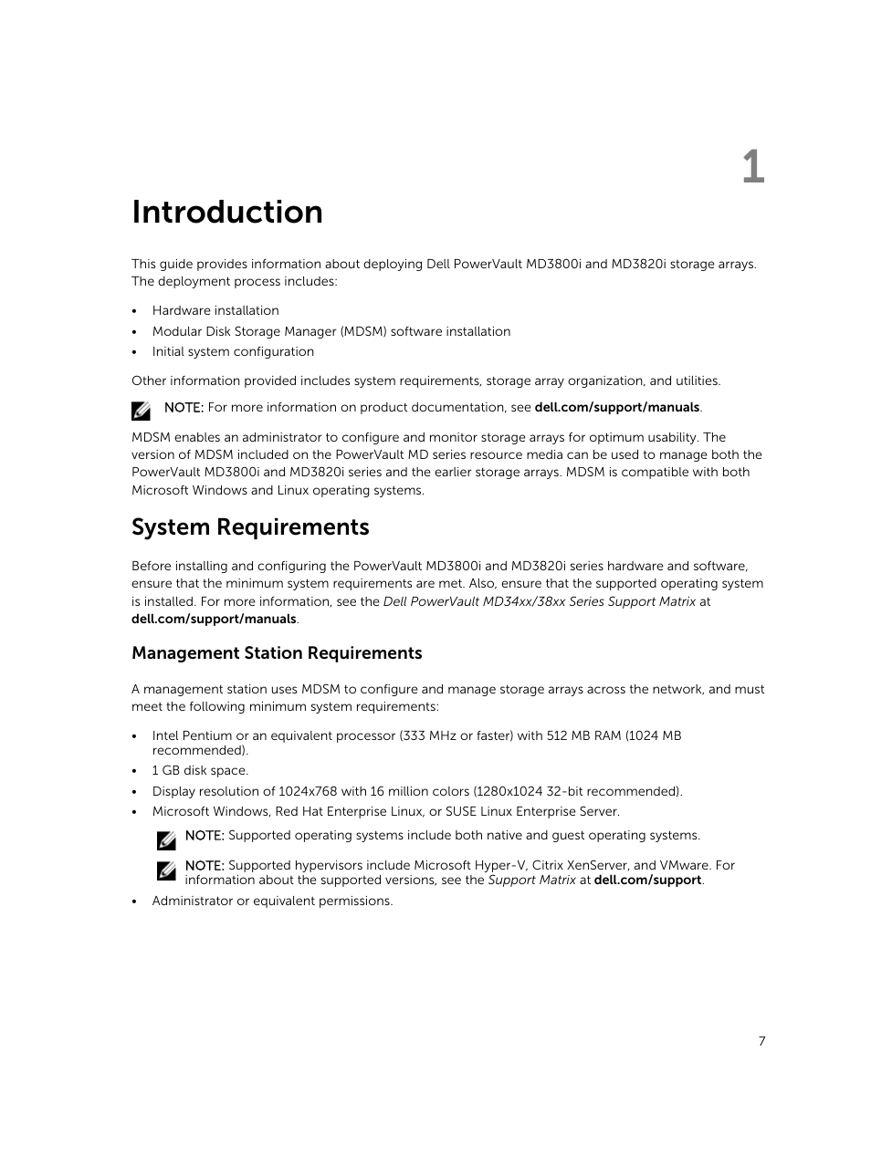 Introduction, System requirements, Management station requirements | 1 introduction | Dell PowerVault MD3800i User Manual | Page 7 / 59