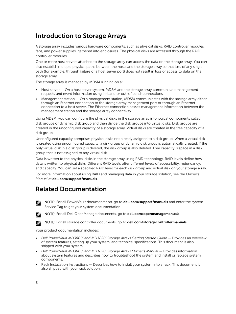 Introduction to storage arrays, Related documentation | Dell PowerVault MD3800i User Manual | Page 8 / 59