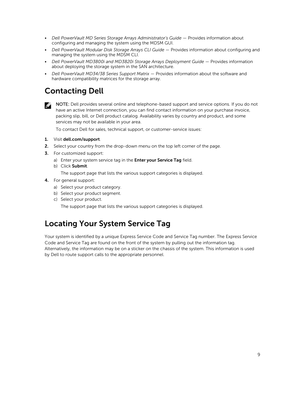 Contacting dell, Locating your system service tag | Dell PowerVault MD3800i User Manual | Page 9 / 59