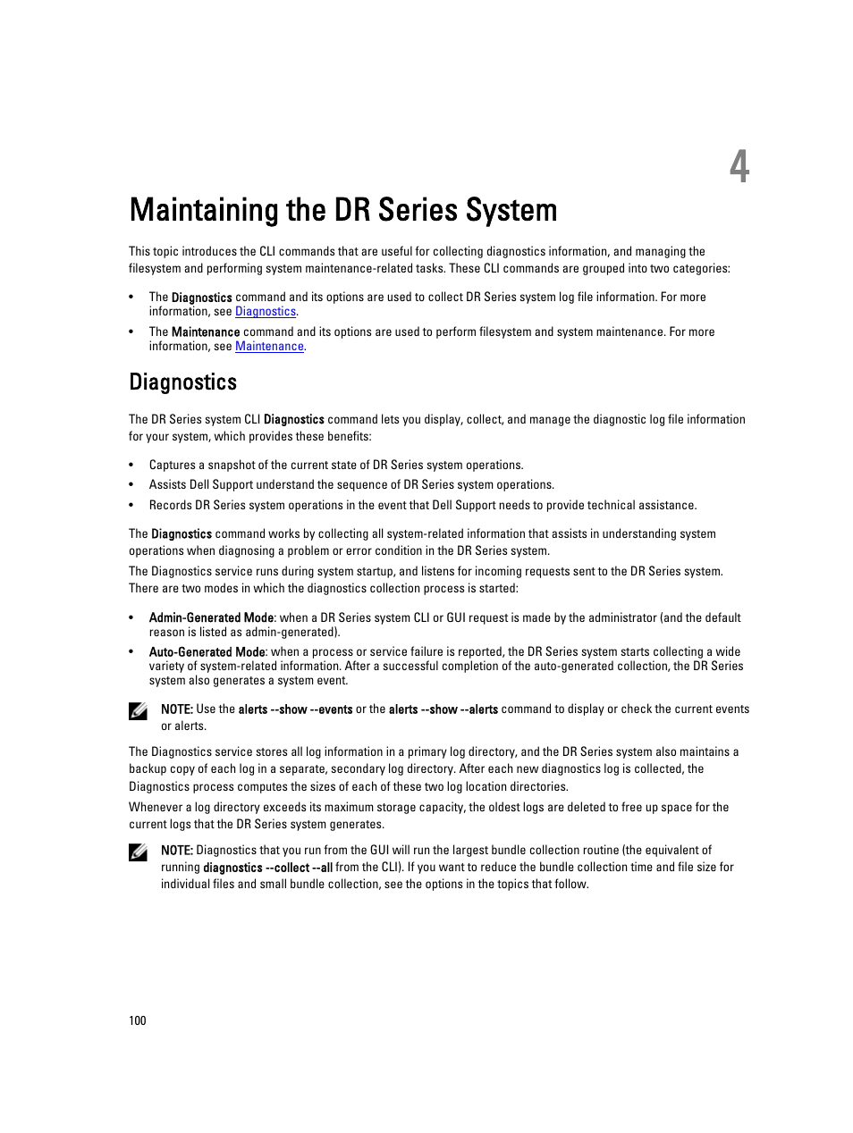 Maintaining the dr series system, Diagnostics, 4 maintaining the dr series system | Dell DR4000 User Manual | Page 100 / 150