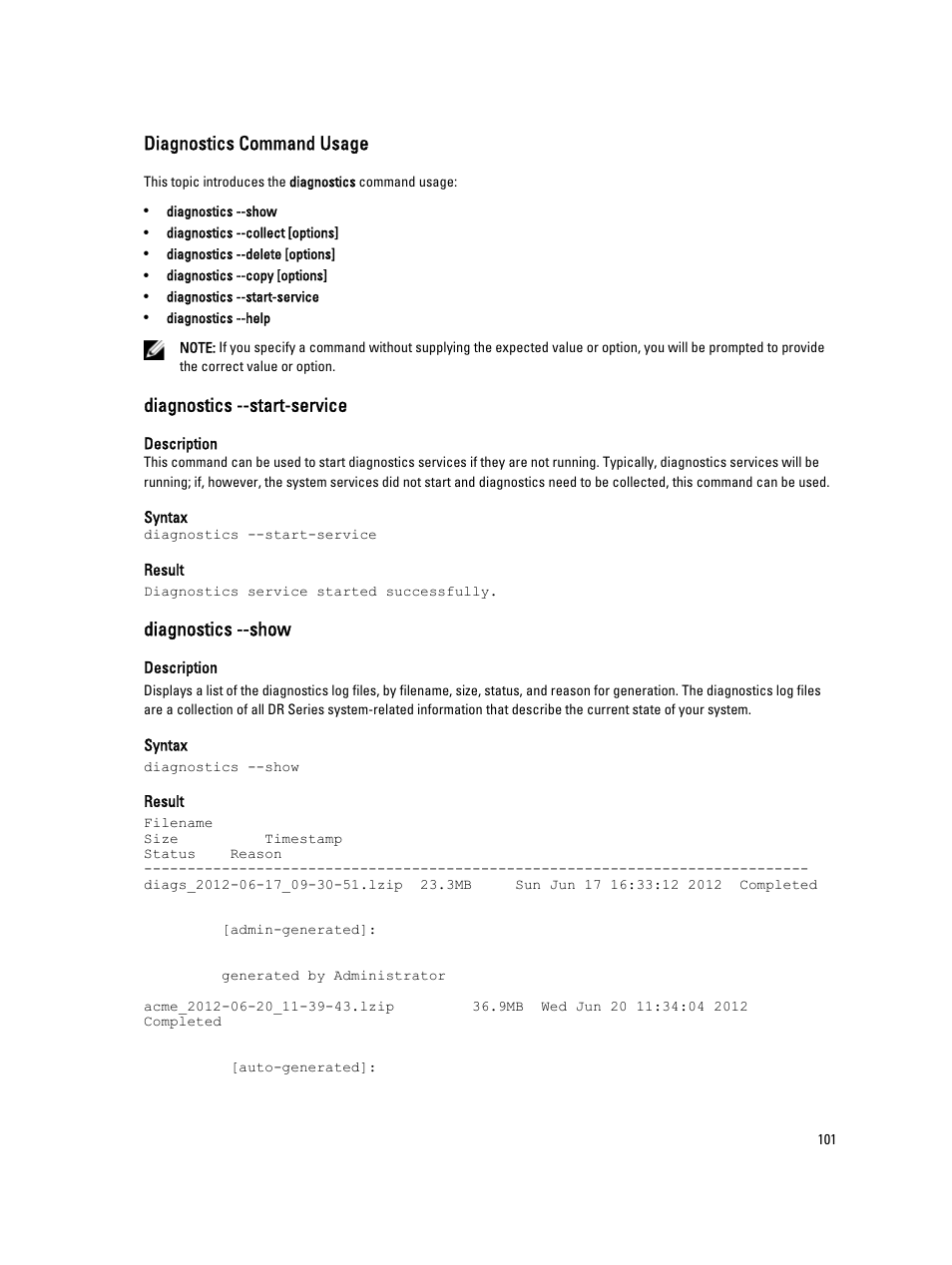 Diagnostics command usage, Diagnostics --start-service, Diagnostics --show | Dell DR4000 User Manual | Page 101 / 150