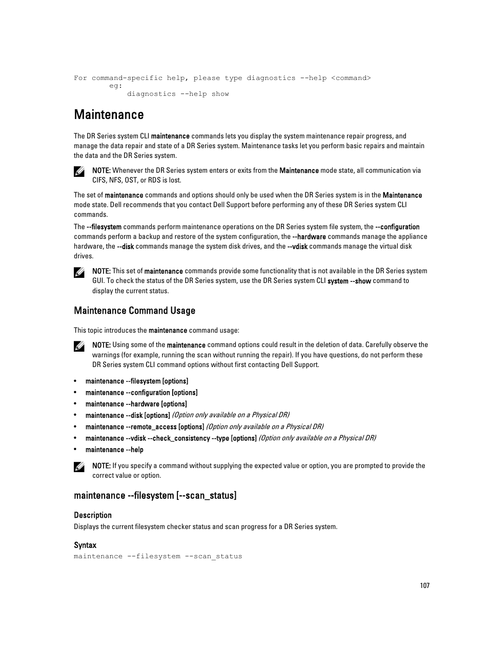 Maintenance, Maintenance command usage, Maintenance --filesystem [--scan_status | Information, see | Dell DR4000 User Manual | Page 107 / 150