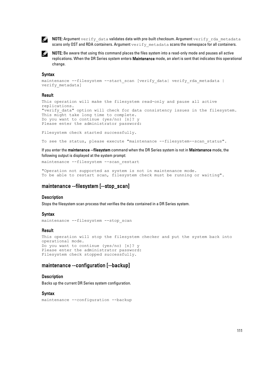 Maintenance --filesystem [--stop_scan, Maintenance --configuration [--backup | Dell DR4000 User Manual | Page 111 / 150