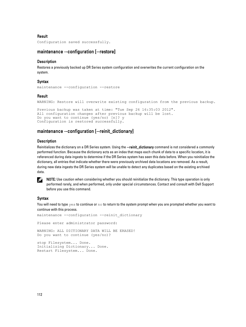 Maintenance --configuration [--restore, Maintenance --configuration [--reinit_dictionary | Dell DR4000 User Manual | Page 112 / 150