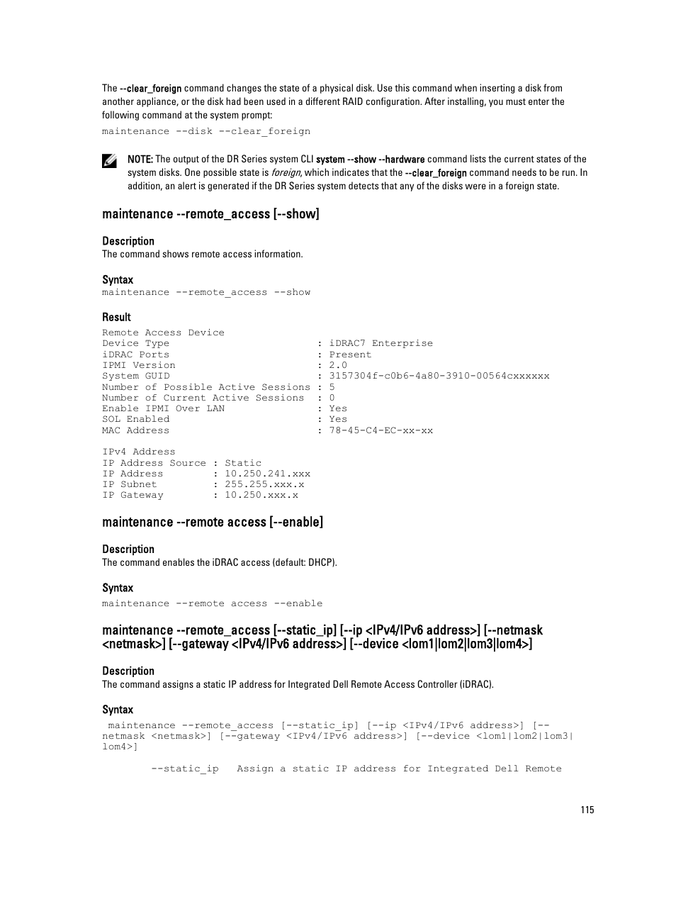 Maintenance --remote_access [--show, Maintenance --remote access [--enable | Dell DR4000 User Manual | Page 115 / 150