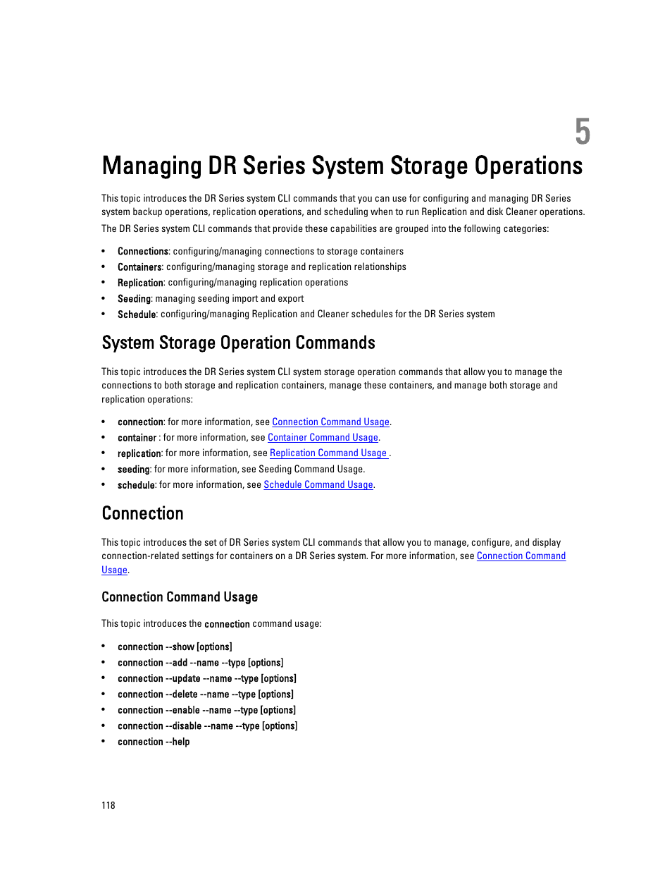 Managing dr series system storage operations, System storage operation commands, Connection | Connection command usage, 5 managing dr series system storage operations | Dell DR4000 User Manual | Page 118 / 150