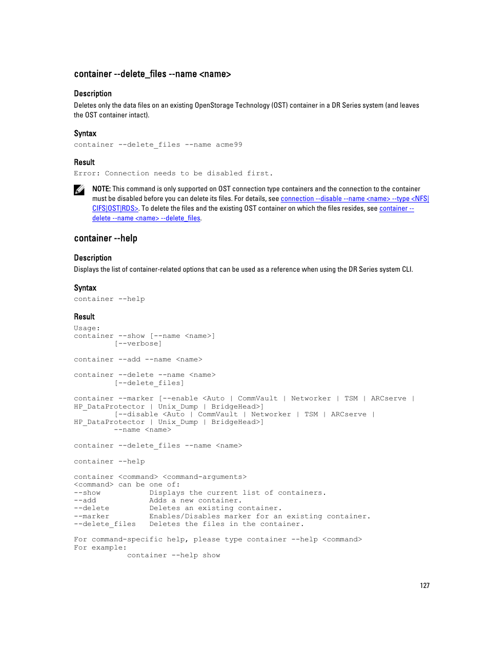 Container --delete_files --name <name, Container --help | Dell DR4000 User Manual | Page 127 / 150