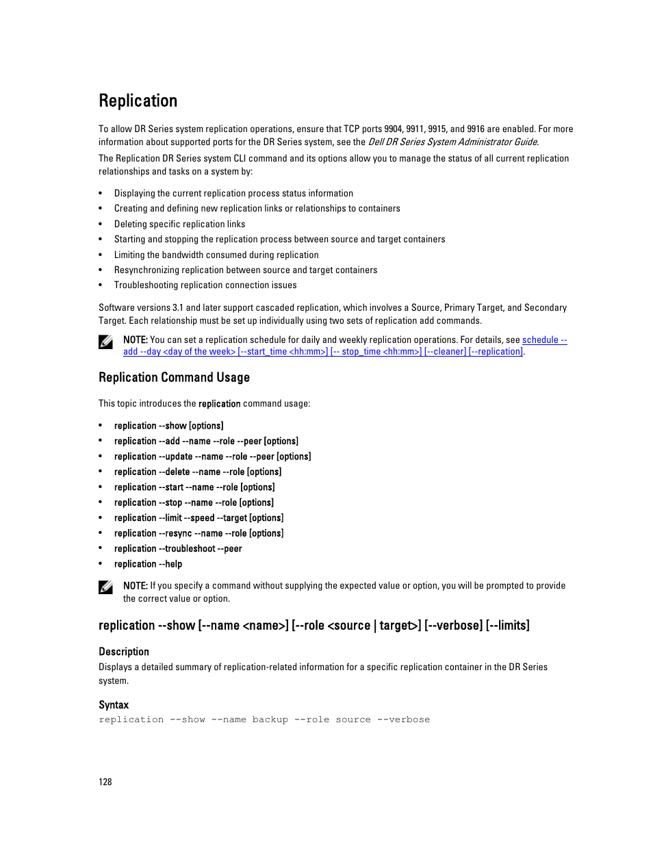 Replication, Replication command usage, For more information, see | Dell DR4000 User Manual | Page 128 / 150
