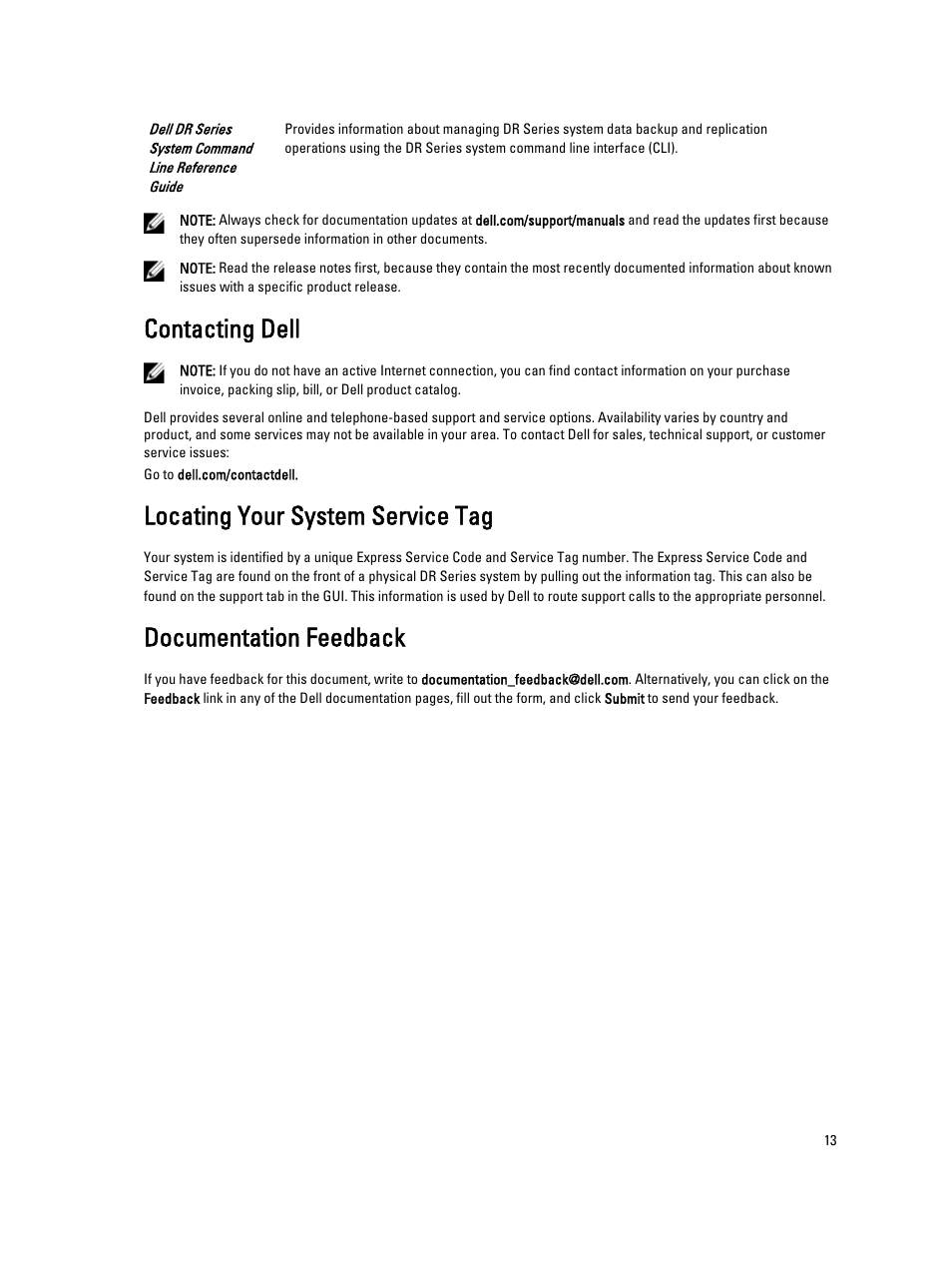 Contacting dell, Locating your system service tag, Documentation feedback | Dell DR4000 User Manual | Page 13 / 150