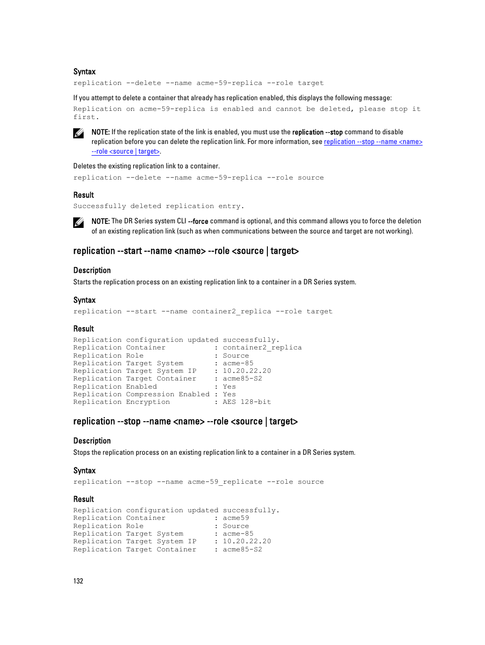 Replication --stop --name <name> --role <source, Target | Dell DR4000 User Manual | Page 132 / 150