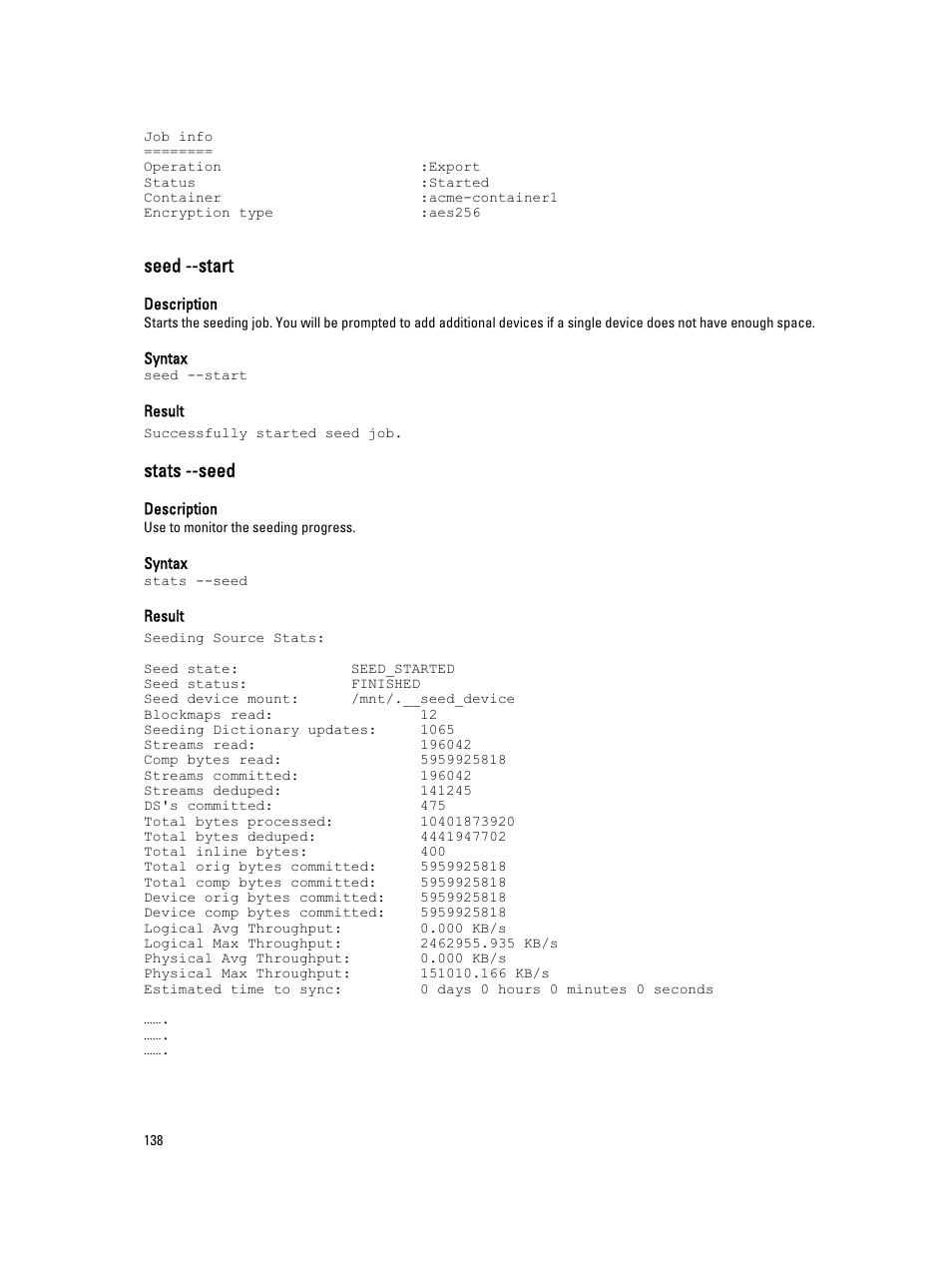 Seed --start, Stats --seed | Dell DR4000 User Manual | Page 138 / 150