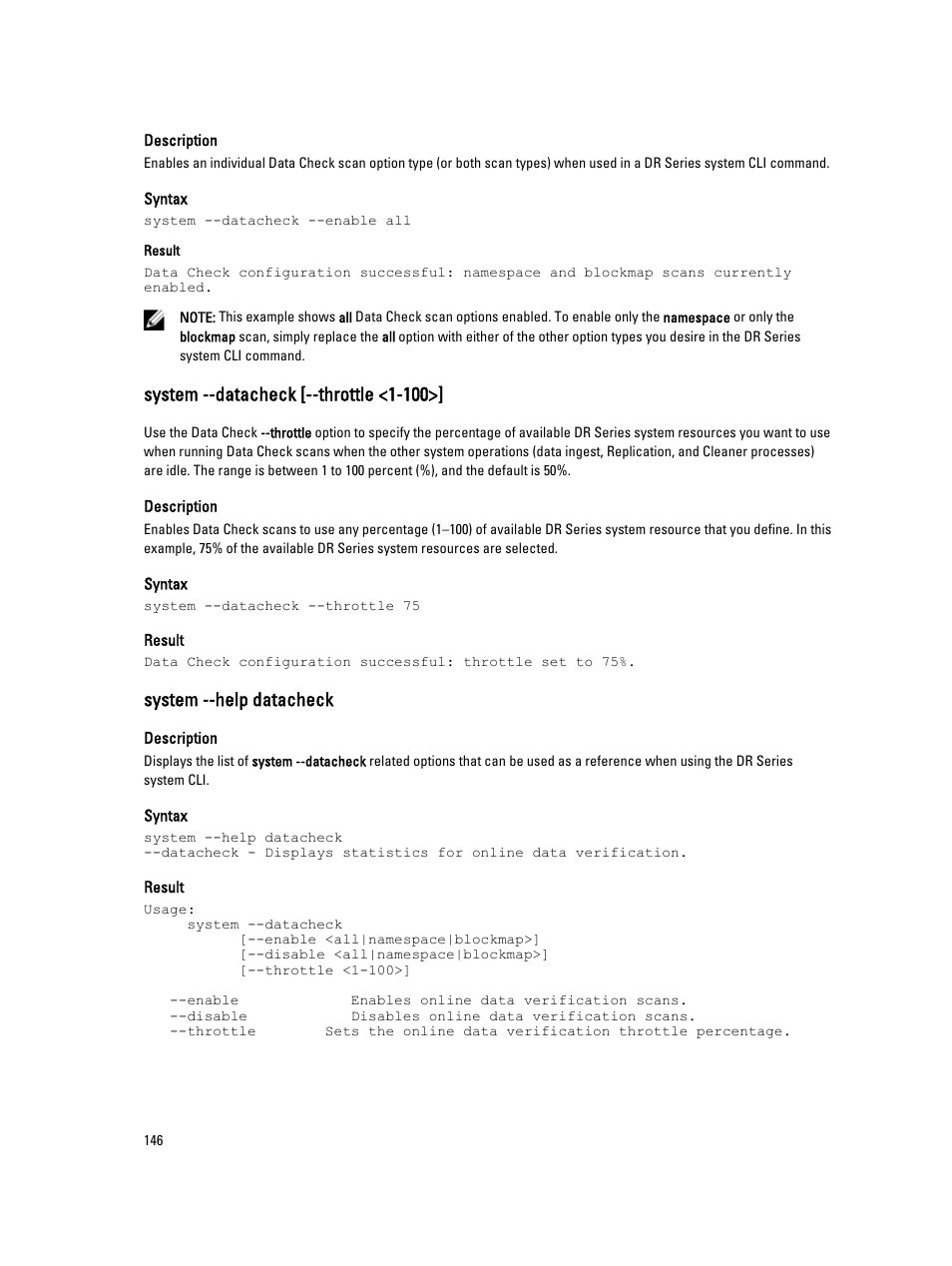 System --datacheck [--throttle <1-100, System --help datacheck, Information, see | Dell DR4000 User Manual | Page 146 / 150