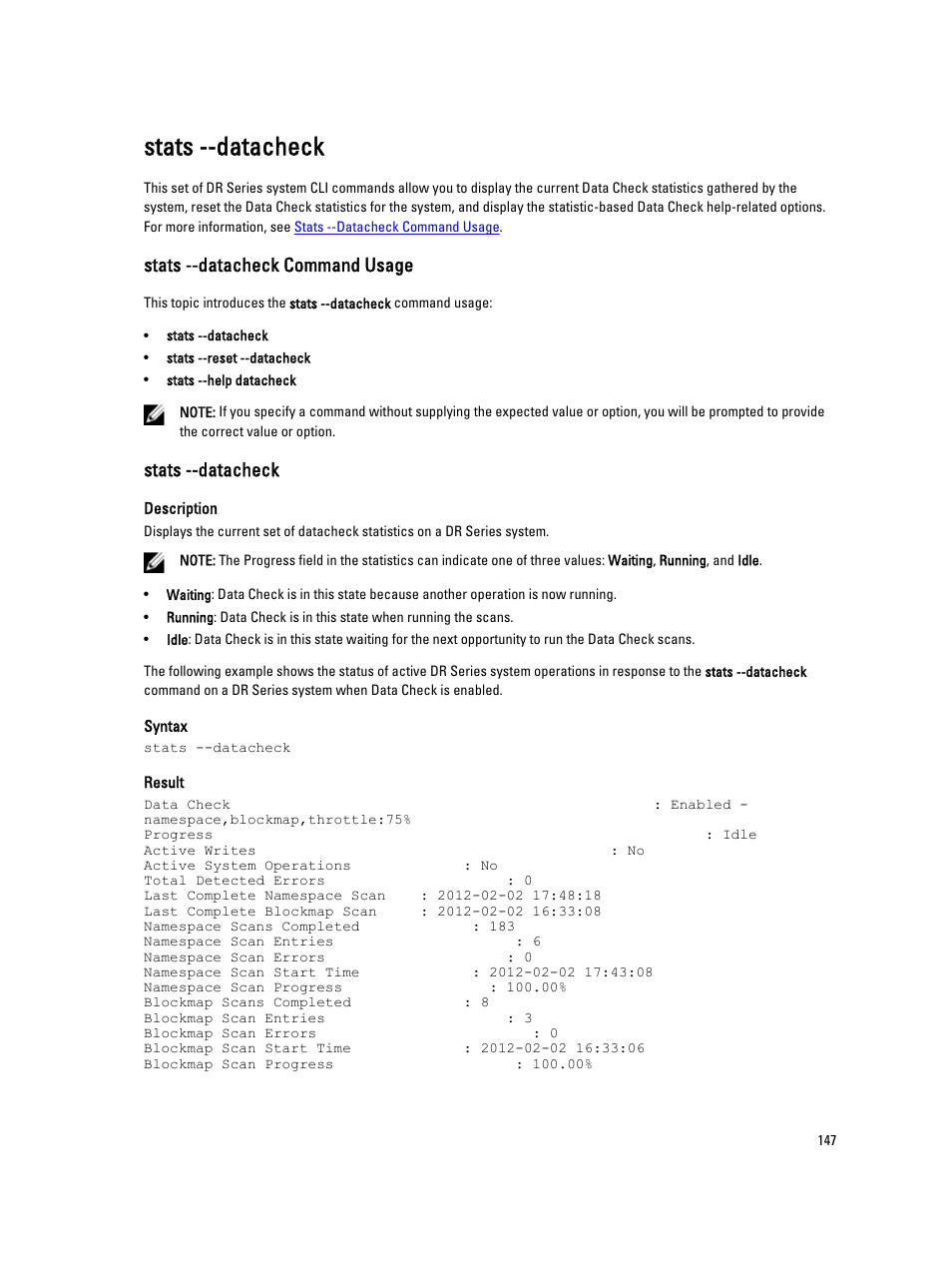 Stats --datacheck, Stats --datacheck command usage | Dell DR4000 User Manual | Page 147 / 150