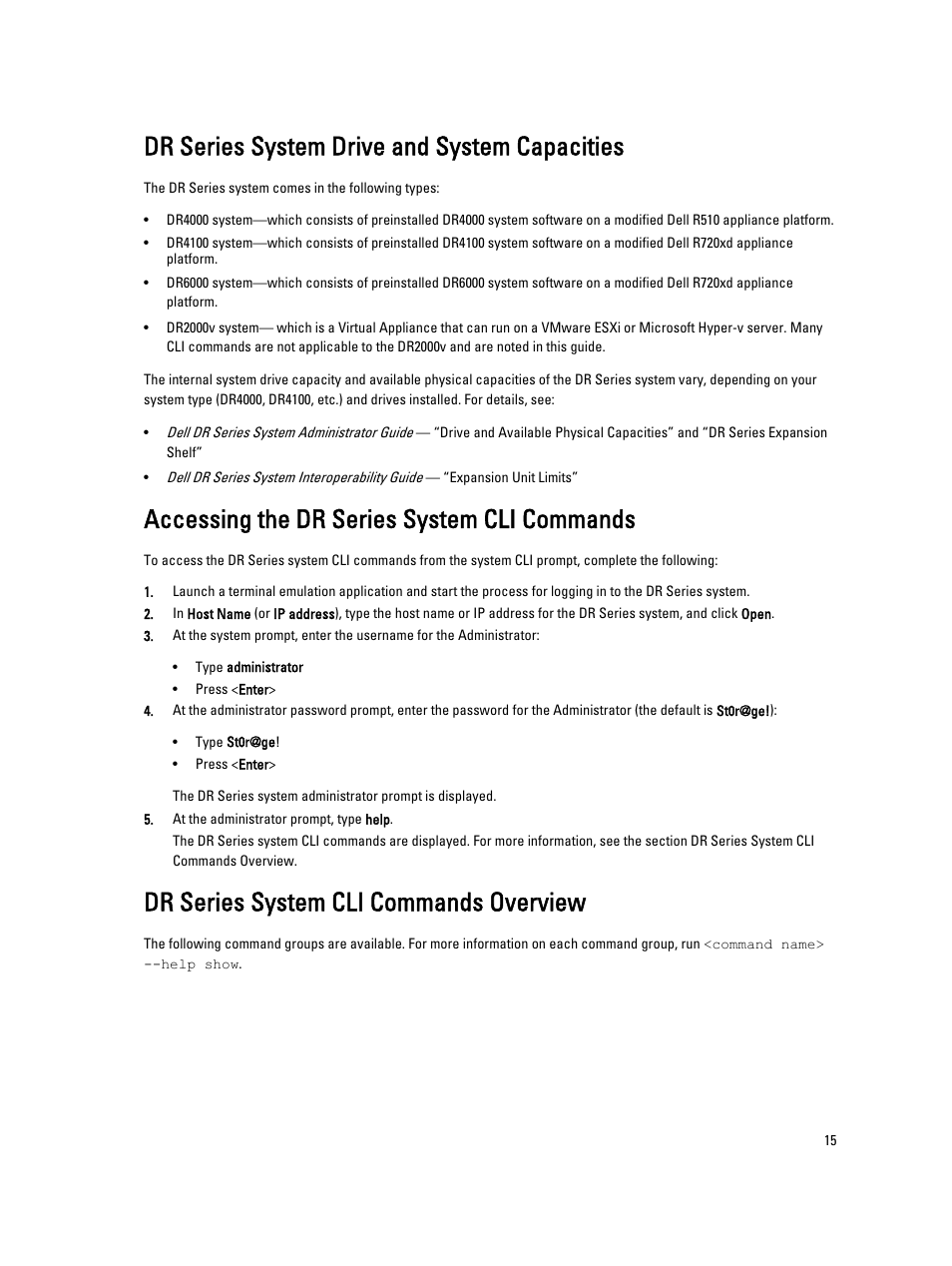 Dr series system drive and system capacities, Accessing the dr series system cli commands, Dr series system cli commands overview | Dell DR4000 User Manual | Page 15 / 150