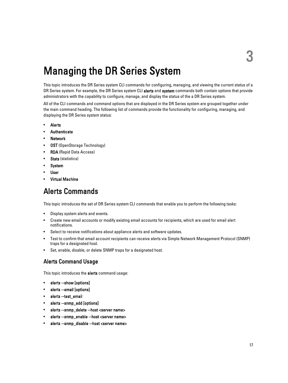 Managing the dr series system, Alerts commands, Alerts command usage | 3 managing the dr series system | Dell DR4000 User Manual | Page 17 / 150